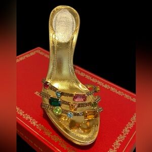 Vintage Rene Caovilla 3 Strap Jeweled Heels in Gold
